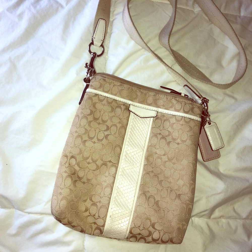 White and Tan Coach Signature C Crossbody